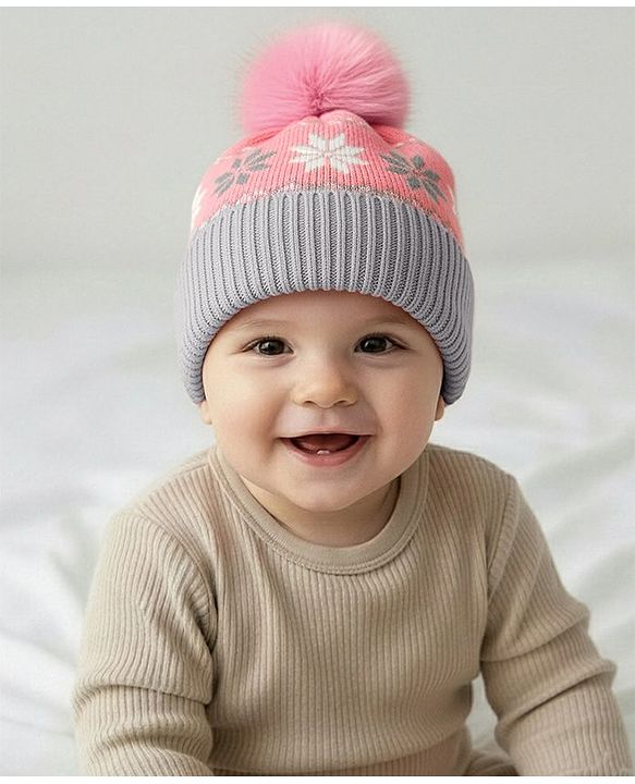 Babyhug Knit Woollen Cap With Floral Design Pink & Grey - Diameter 9 cm