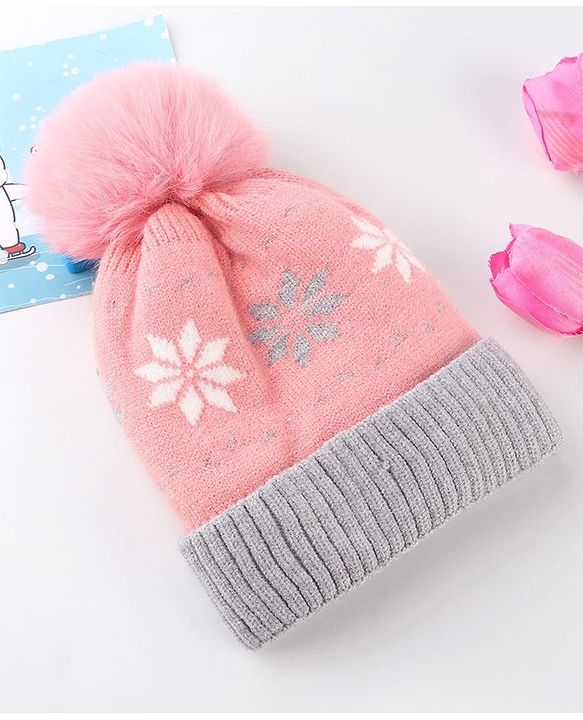 Babyhug Knit Woollen Cap With Floral Design Pink & Grey - Diameter 9 cm