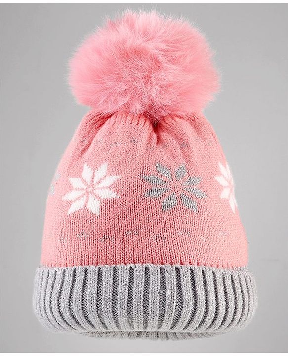 Babyhug Knit Woollen Cap With Floral Design Pink & Grey - Diameter 9 cm