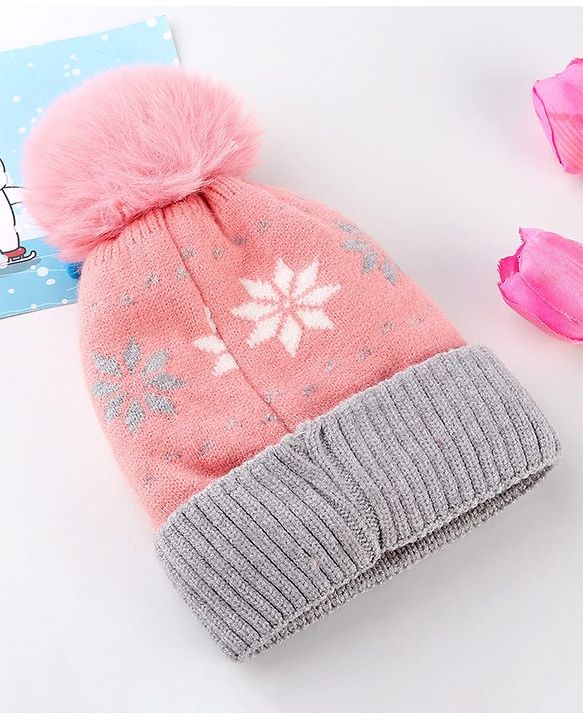 Babyhug Knit Woollen Cap With Floral Design Pink & Grey - Diameter 9 cm