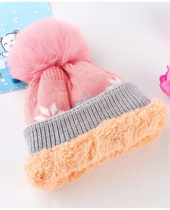 Babyhug Knit Woollen Cap With Floral Design Pink & Grey - Diameter 9 cm