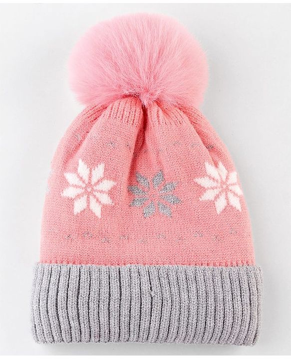 Babyhug Knit Woollen Cap With Floral Design Pink & Grey - Diameter 9 cm