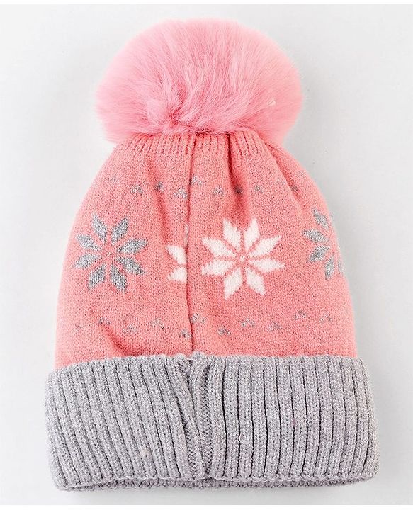 Babyhug Knit Woollen Cap With Floral Design Pink & Grey - Diameter 9 cm