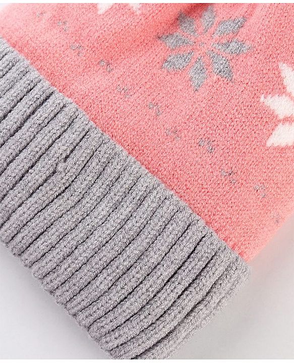 Babyhug Knit Woollen Cap With Floral Design Pink & Grey - Diameter 9 cm