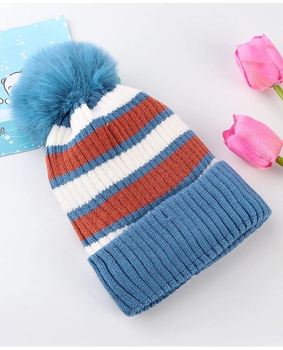 Babyhug Knit Striped Woollen Cap Blue & Brown - Diameter 9 cm