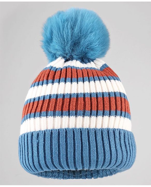 Babyhug Knit Striped Woollen Cap Blue & Brown - Diameter 9 cm