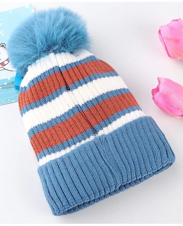Babyhug Knit Striped Woollen Cap Blue & Brown - Diameter 9 cm