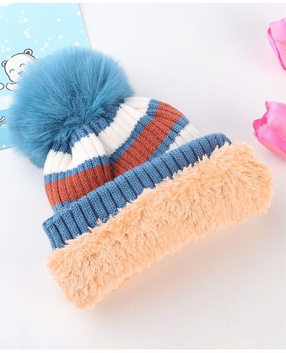 Babyhug Knit Striped Woollen Cap Blue & Brown - Diameter 9 cm