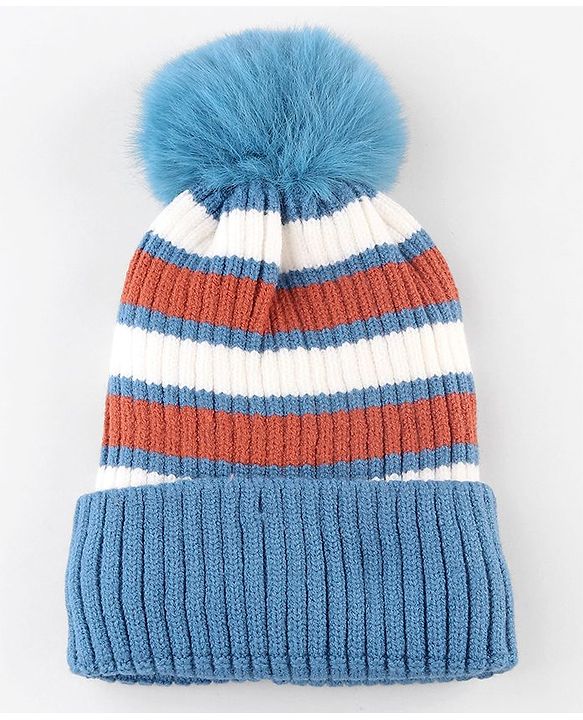 Babyhug Knit Striped Woollen Cap Blue & Brown - Diameter 9 cm