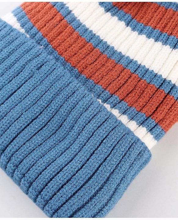 Babyhug Knit Striped Woollen Cap Blue & Brown - Diameter 9 cm