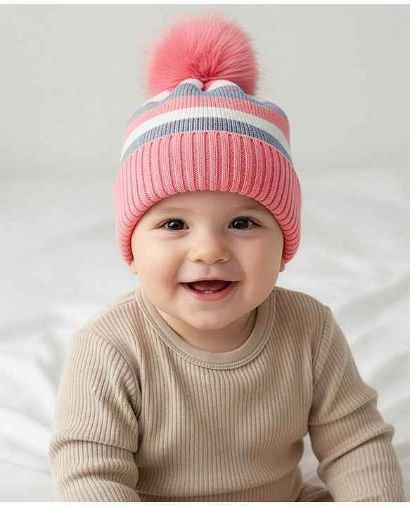 Babyhug Knit Striped Woollen Cap Blue & Brown - Diameter 9 cm
