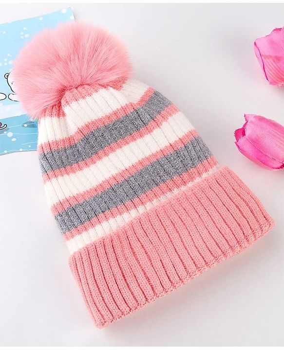 Babyhug Knit Striped Woollen Cap Blue & Brown - Diameter 9 cm