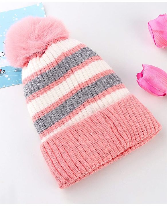 Babyhug Knit Striped Woollen Cap Blue & Brown - Diameter 9 cm