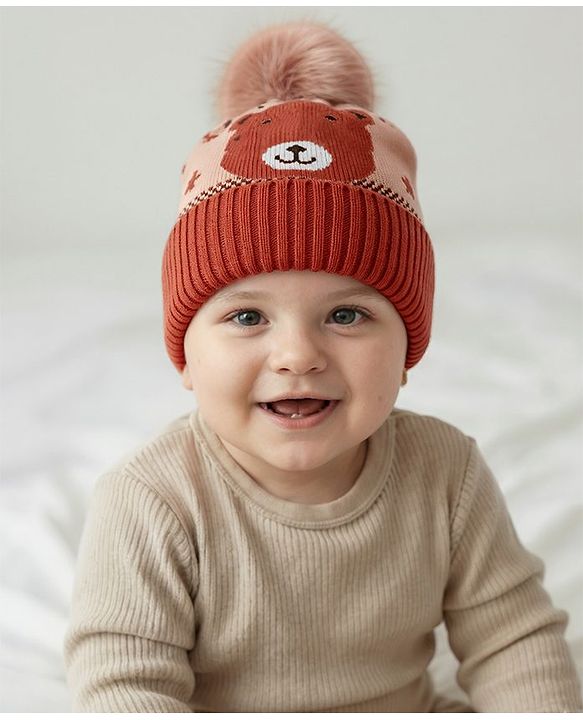 Babyhug Knit Woollen Cap With Teddy Bear Design Brown - Diameter 9 cm