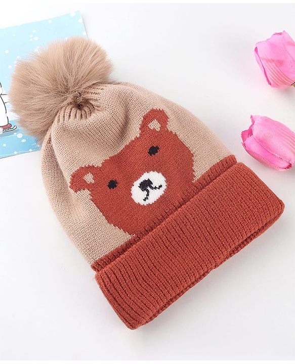 Babyhug Knit Woollen Cap With Teddy Bear Design Brown - Diameter 9 cm