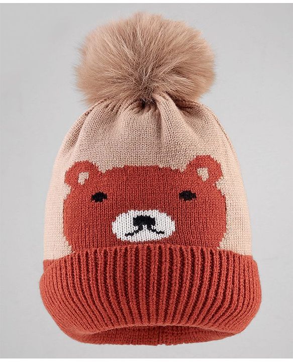 Babyhug Knit Woollen Cap With Teddy Bear Design Brown - Diameter 9 cm
