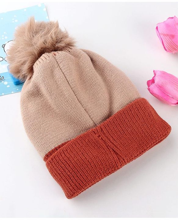 Babyhug Knit Woollen Cap With Teddy Bear Design Brown - Diameter 9 cm
