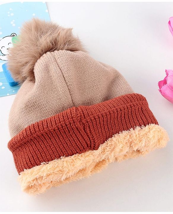 Babyhug Knit Woollen Cap With Teddy Bear Design Brown - Diameter 9 cm
