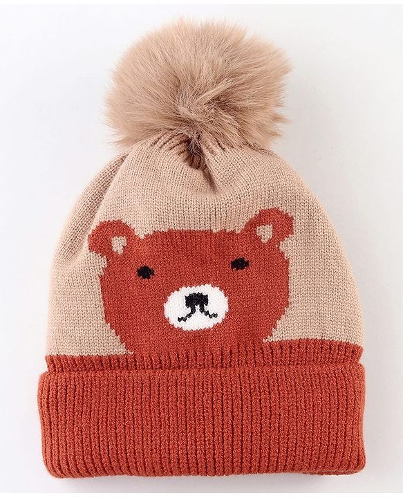 Babyhug Knit Woollen Cap With Teddy Bear Design Brown - Diameter 9 cm