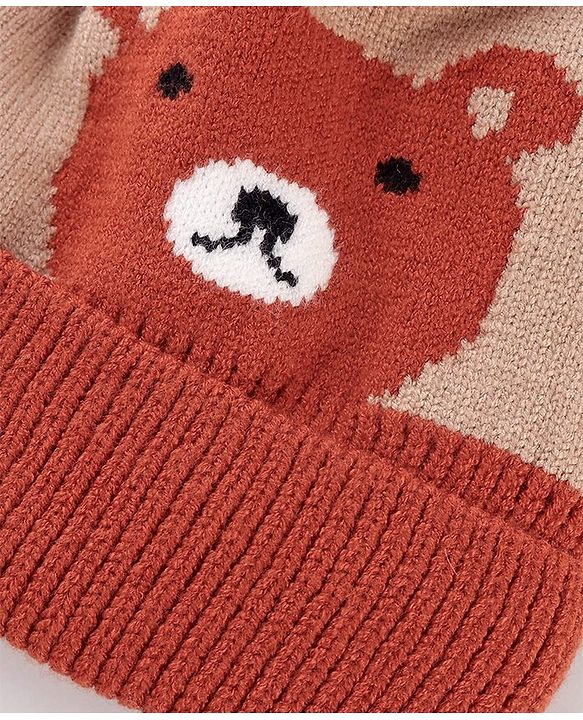 Babyhug Knit Woollen Cap With Teddy Bear Design Brown - Diameter 9 cm