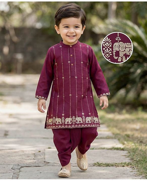 Babyhug Cotton Blend Full Sleeves Kurta Dhoti Set with Foil Floral & Elephant Print - Maroon