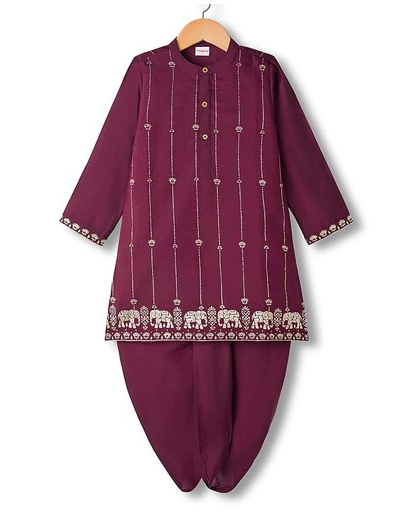 Babyhug Cotton Blend Full Sleeves Kurta Dhoti Set with Foil Floral & Elephant Print - Maroon