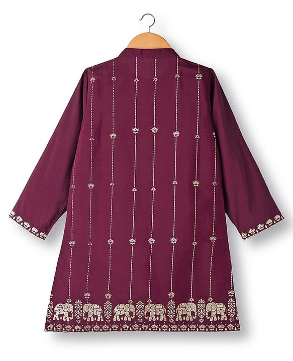 Babyhug Cotton Blend Full Sleeves Kurta Dhoti Set with Foil Floral & Elephant Print - Maroon