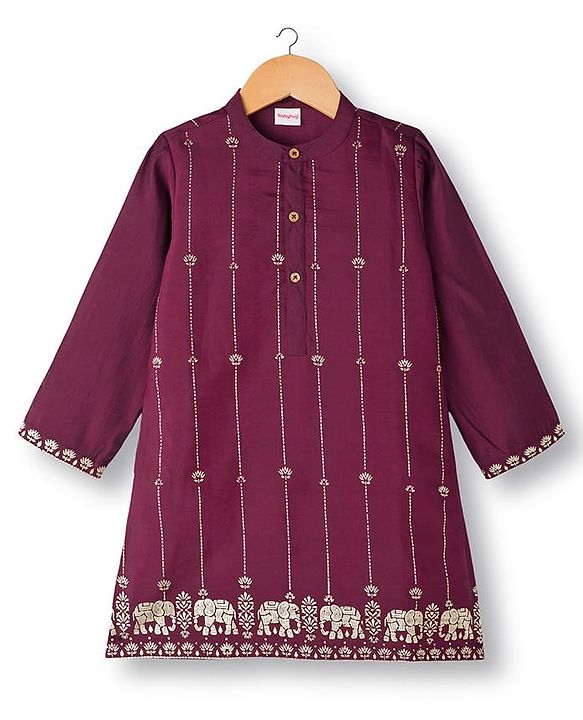 Babyhug Cotton Blend Full Sleeves Kurta Dhoti Set with Foil Floral & Elephant Print - Maroon