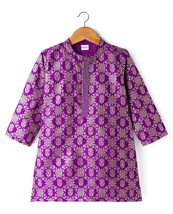 Babyhug Brocade Full Sleeves Kurta Pajama Set with Floral Embroidery - Purple