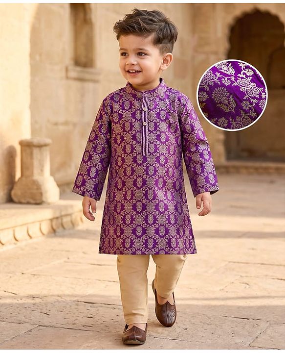 Babyhug Brocade Full Sleeves Kurta Pajama Set with Floral Embroidery - Purple