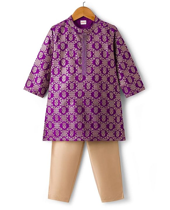 Babyhug Brocade Full Sleeves Kurta Pajama Set with Floral Embroidery - Purple