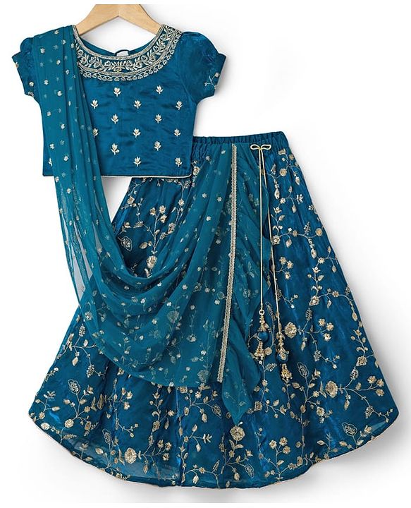 Babyhug Half Puffed Sleeves Choli Lehenga Set with Dupatta & Embroidery - Teal Blue
