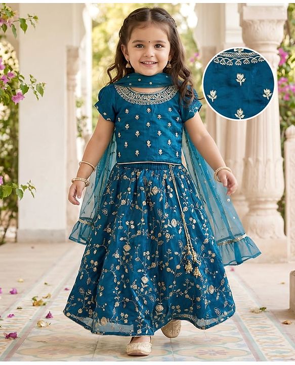 Babyhug Half Puffed Sleeves Choli Lehenga Set with Dupatta & Embroidery - Teal Blue