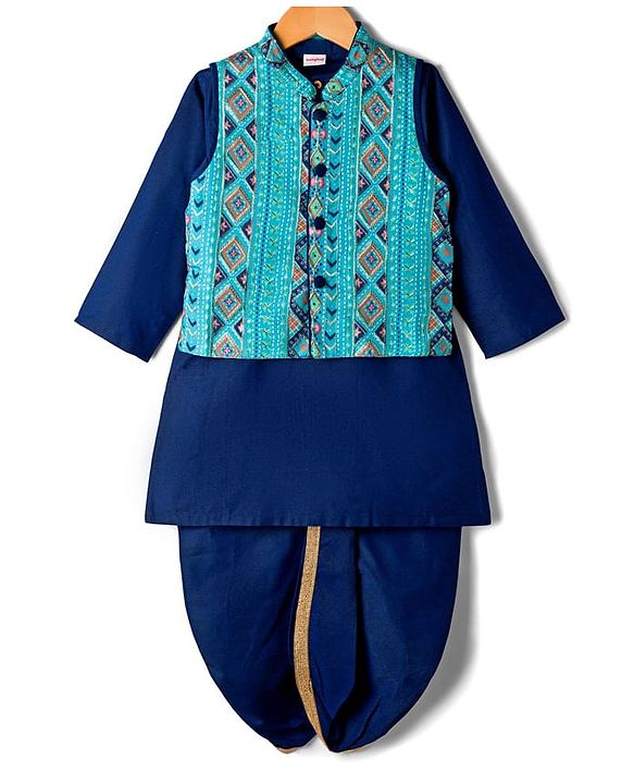Babyhug Rayon Woven Full Sleeves Kurta Dhoti & Floral Printed Jacket Set - Blue
