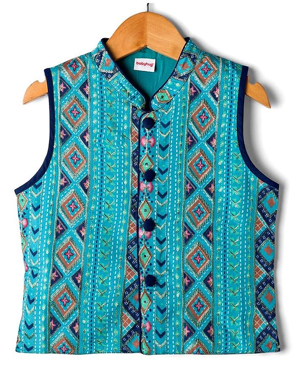 Babyhug Rayon Woven Full Sleeves Kurta Dhoti & Floral Printed Jacket Set - Blue