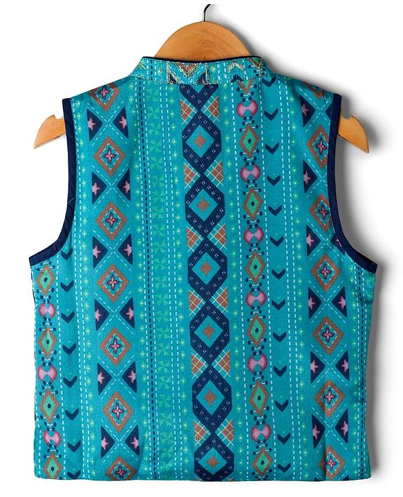 Babyhug Rayon Woven Full Sleeves Kurta Dhoti & Floral Printed Jacket Set - Blue