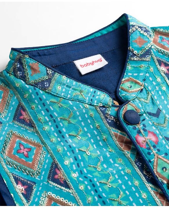 Babyhug Rayon Woven Full Sleeves Kurta Dhoti & Floral Printed Jacket Set - Blue