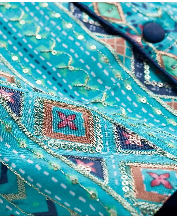 Babyhug Rayon Woven Full Sleeves Kurta Dhoti & Floral Printed Jacket Set - Blue