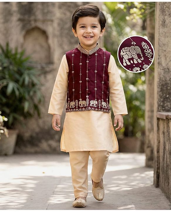 Babyhug Woven Full Sleeves Solid Kurta Payjama Set with Foil Floral & Elephant Printed Nehru Jacket - Maroon