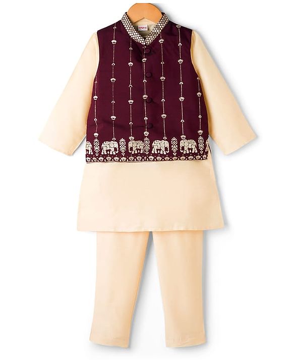 Babyhug Woven Full Sleeves Solid Kurta Payjama Set with Foil Floral & Elephant Printed Nehru Jacket - Maroon