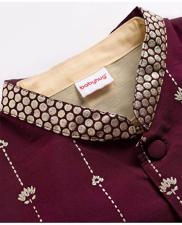 Babyhug Woven Full Sleeves Solid Kurta Payjama Set with Foil Floral & Elephant Printed Nehru Jacket - Maroon