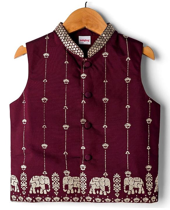 Babyhug Woven Full Sleeves Solid Kurta Payjama Set with Foil Floral & Elephant Printed Nehru Jacket - Maroon