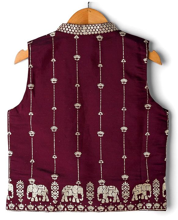 Babyhug Woven Full Sleeves Solid Kurta Payjama Set with Foil Floral & Elephant Printed Nehru Jacket - Maroon