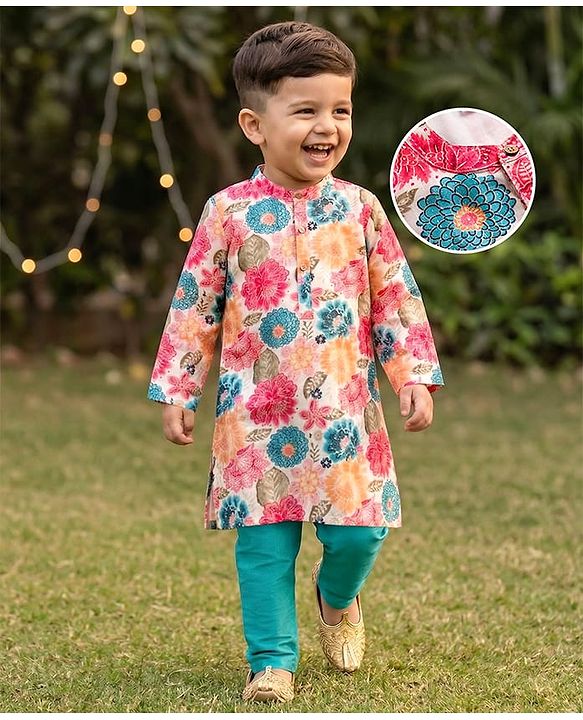 Babyhug Rayon Woven Full Sleeves Kurta Pajama Set With Floral Print - Multicolour