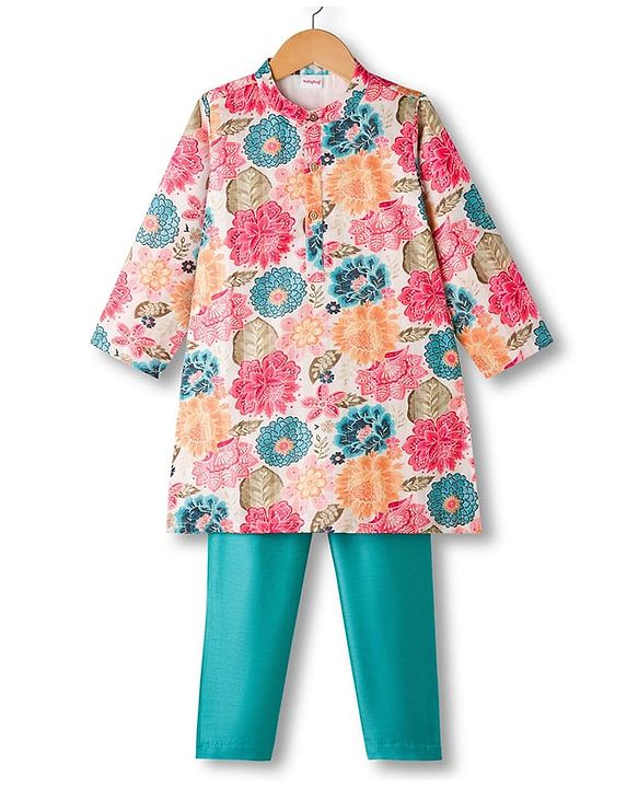 Babyhug Rayon Woven Full Sleeves Kurta Pajama Set With Floral Print - Multicolour