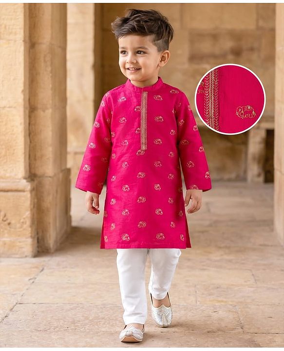 Babyhug Chanderi Woven Full Sleeves Kurta Pajama Set With Animal Embroidery & Sequin Detailing - Fuschia
