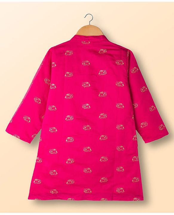 Babyhug Chanderi Woven Full Sleeves Kurta Pajama Set With Animal Embroidery & Sequin Detailing - Fuschia