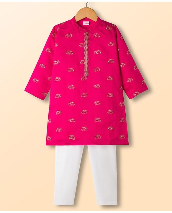Babyhug Chanderi Woven Full Sleeves Kurta Pajama Set With Animal Embroidery & Sequin Detailing - Fuschia