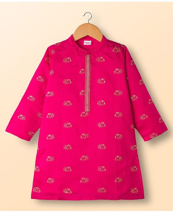 Babyhug Chanderi Woven Full Sleeves Kurta Pajama Set With Animal Embroidery & Sequin Detailing - Fuschia