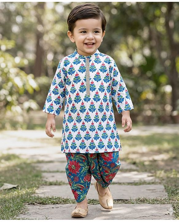 Babyhug Cambric Full Sleeves Floral Printed Kurta Dhoti Set - White